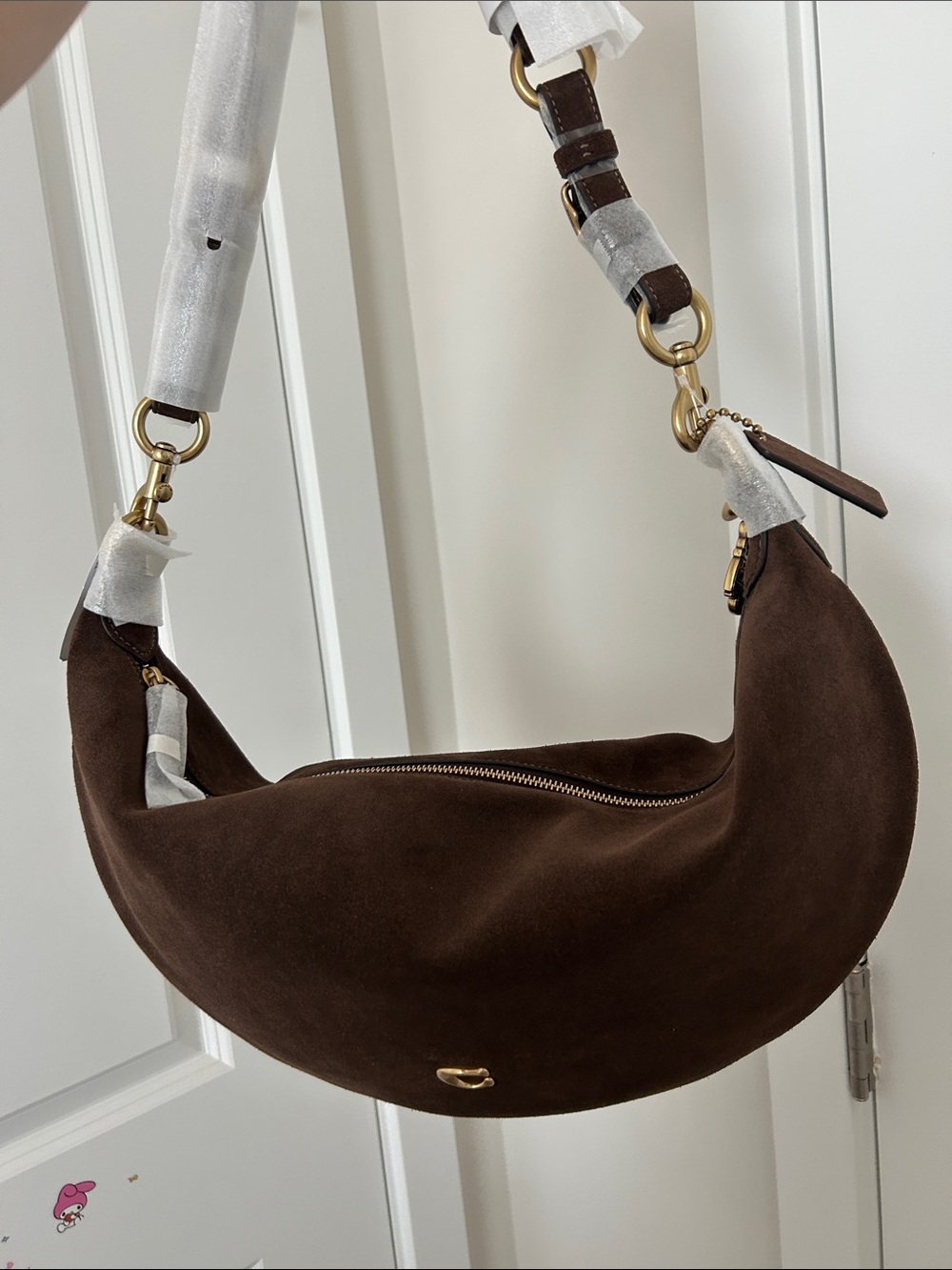 Coach Paige Sling Purse in brass / dark chocolate suede
